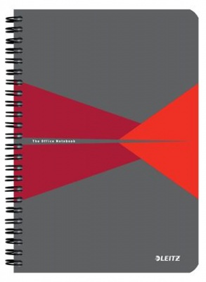 Spirálfüzet, A5, kockás, 90 lap, laminált karton borító, LEITZ "Office", szürke-piros