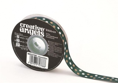 Szatén szalag, 15 mm x 22 m, sötétzöld vegyes pöttyökkel