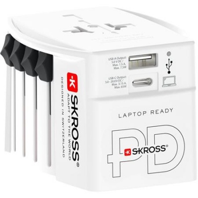 Adapter, világutazóknak, 1xUSB-A, 1xUSB-C PD, 65W, USB-C kábel, SKROSS